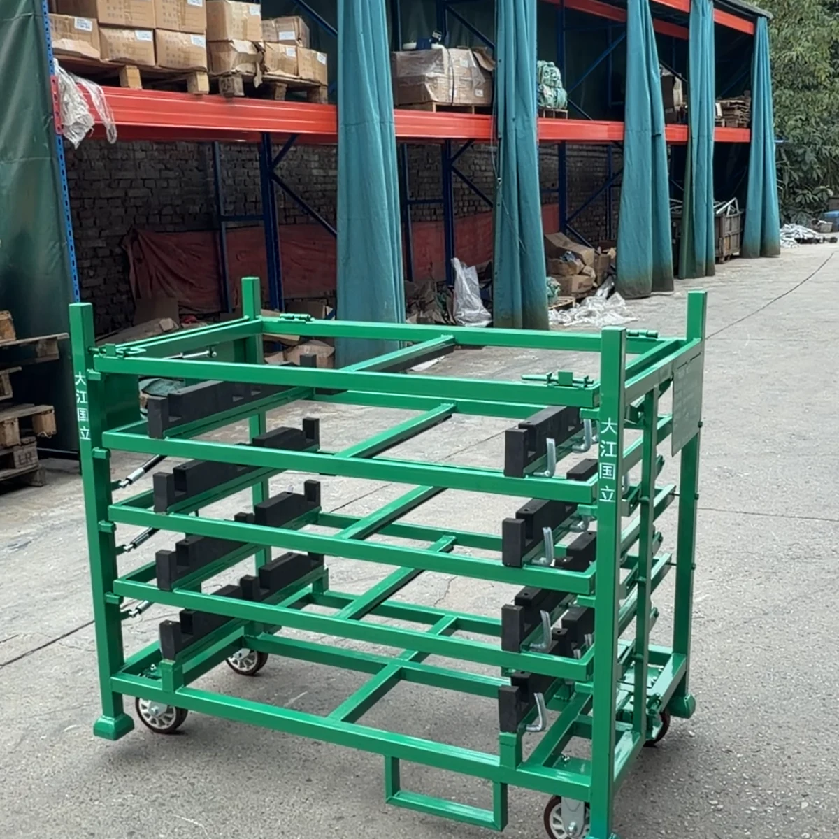 Real product photo of a automotive parts tilting shelf trolley with mobile base, tilting shelves and fixture blocks — configuration view 2
