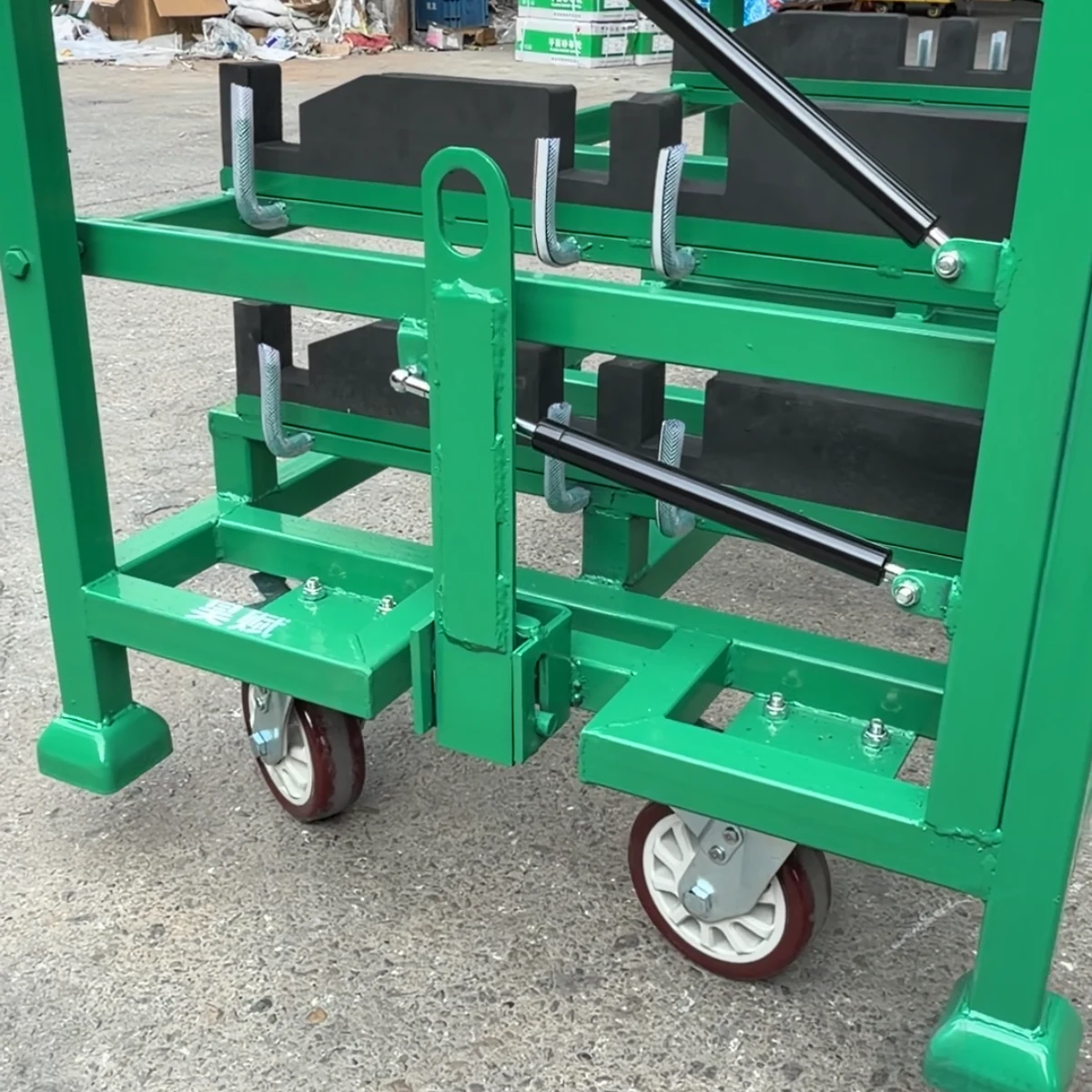 Real product photo of a automotive parts tilting shelf trolley with mobile base, tilting shelves and fixture blocks — configuration view 3