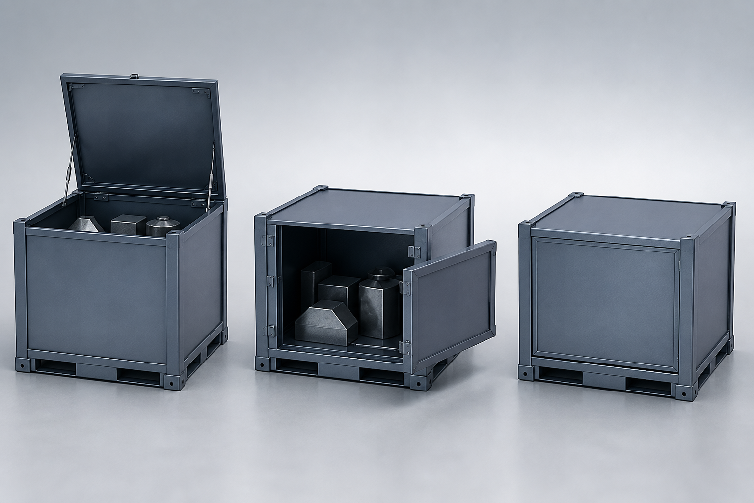 Concept illustration of a generic metal container with lid, side door and closed-panel access states