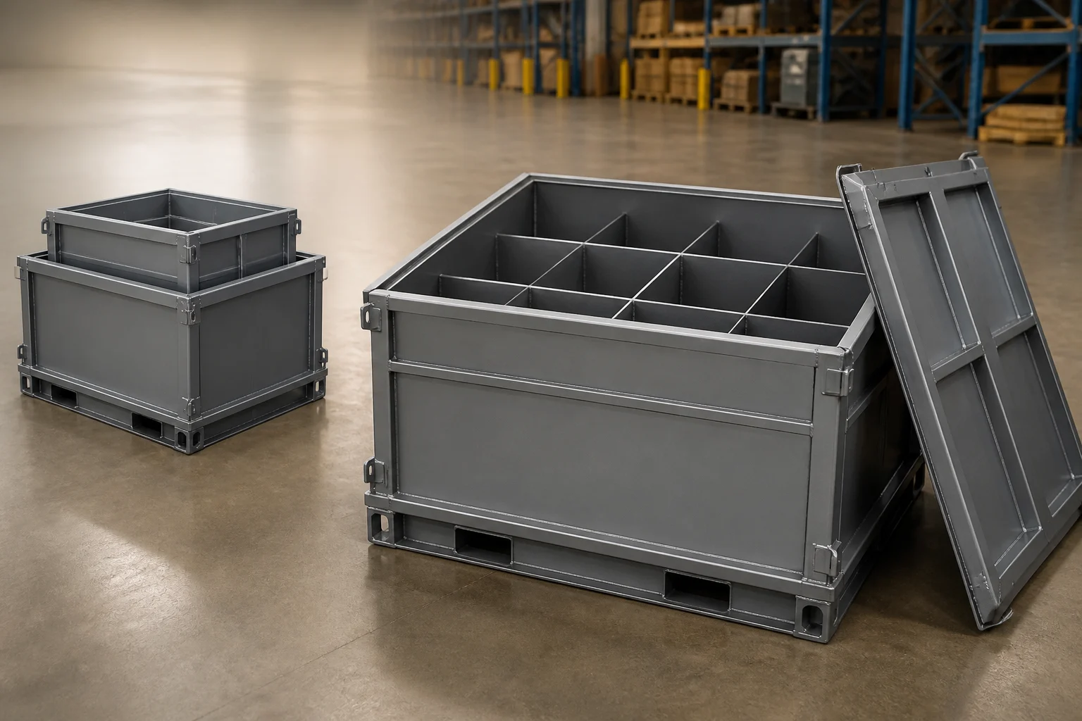 Concept illustration of a custom metal container with dividers, an open lid and nested empty containers