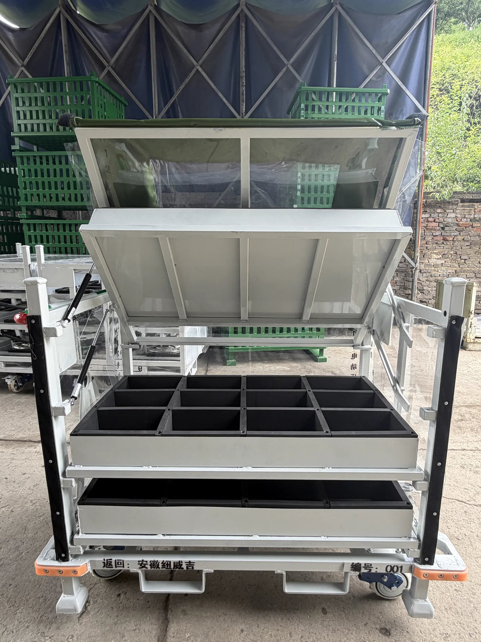 Custom electric compressor assembly logistics trolley with multi-level trays, protective panels and industrial casters — configuration view 2