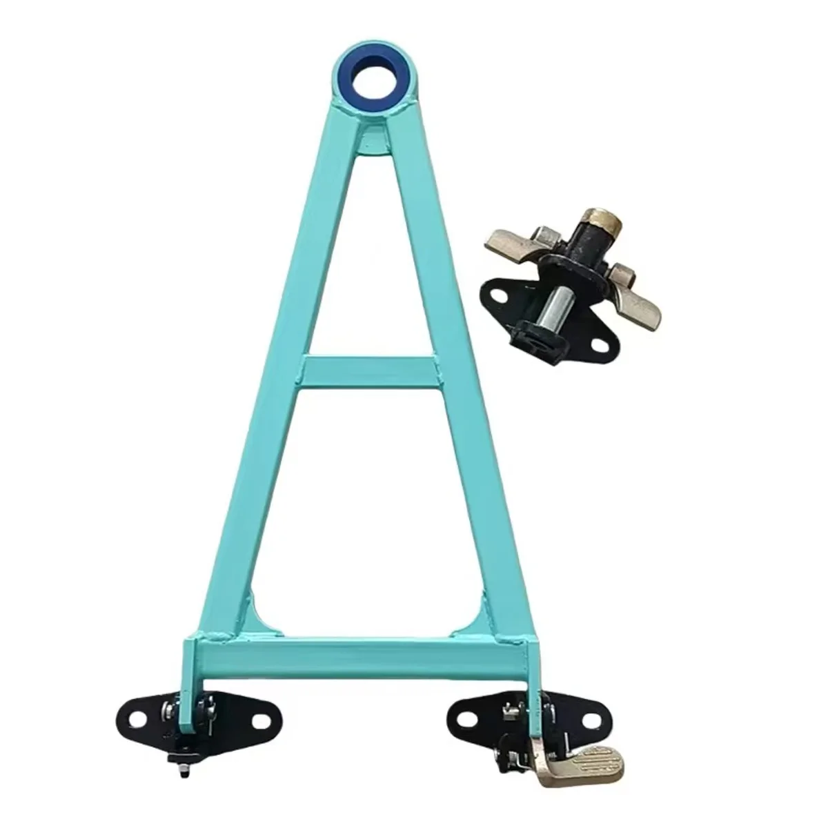 User-supplied triangular tow eye and hitch interface references for industrial racks and carts