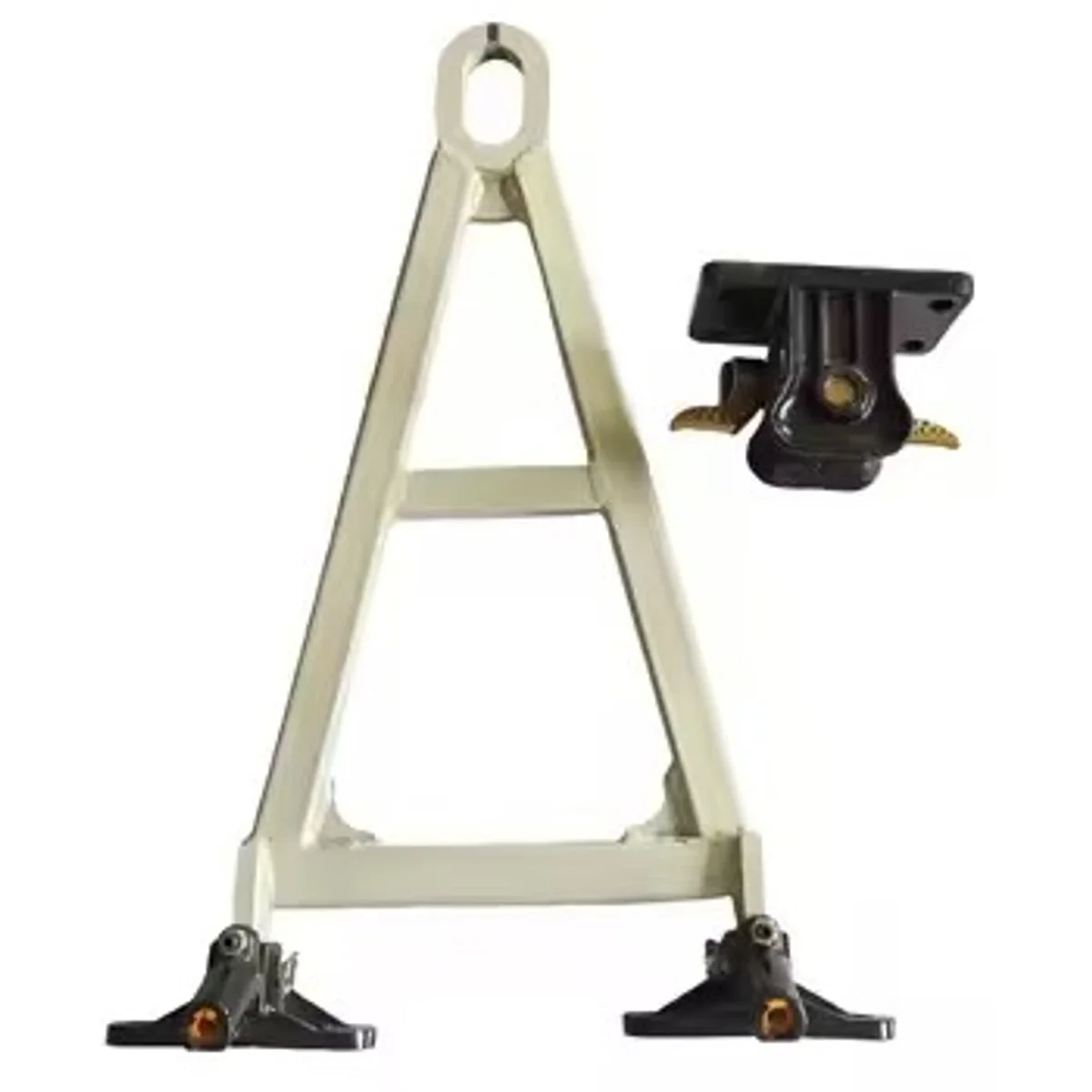 User-supplied triangular tow eye and hitch interface references for industrial racks and carts — configuration view 2