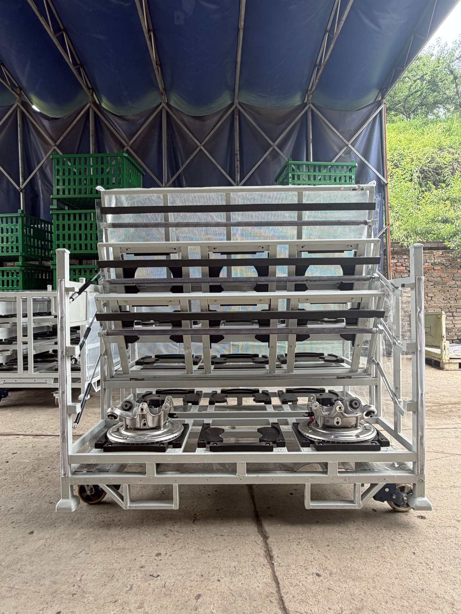 Real HAOFU returnable rack photographed in an industrial handling area for steel-rack data review