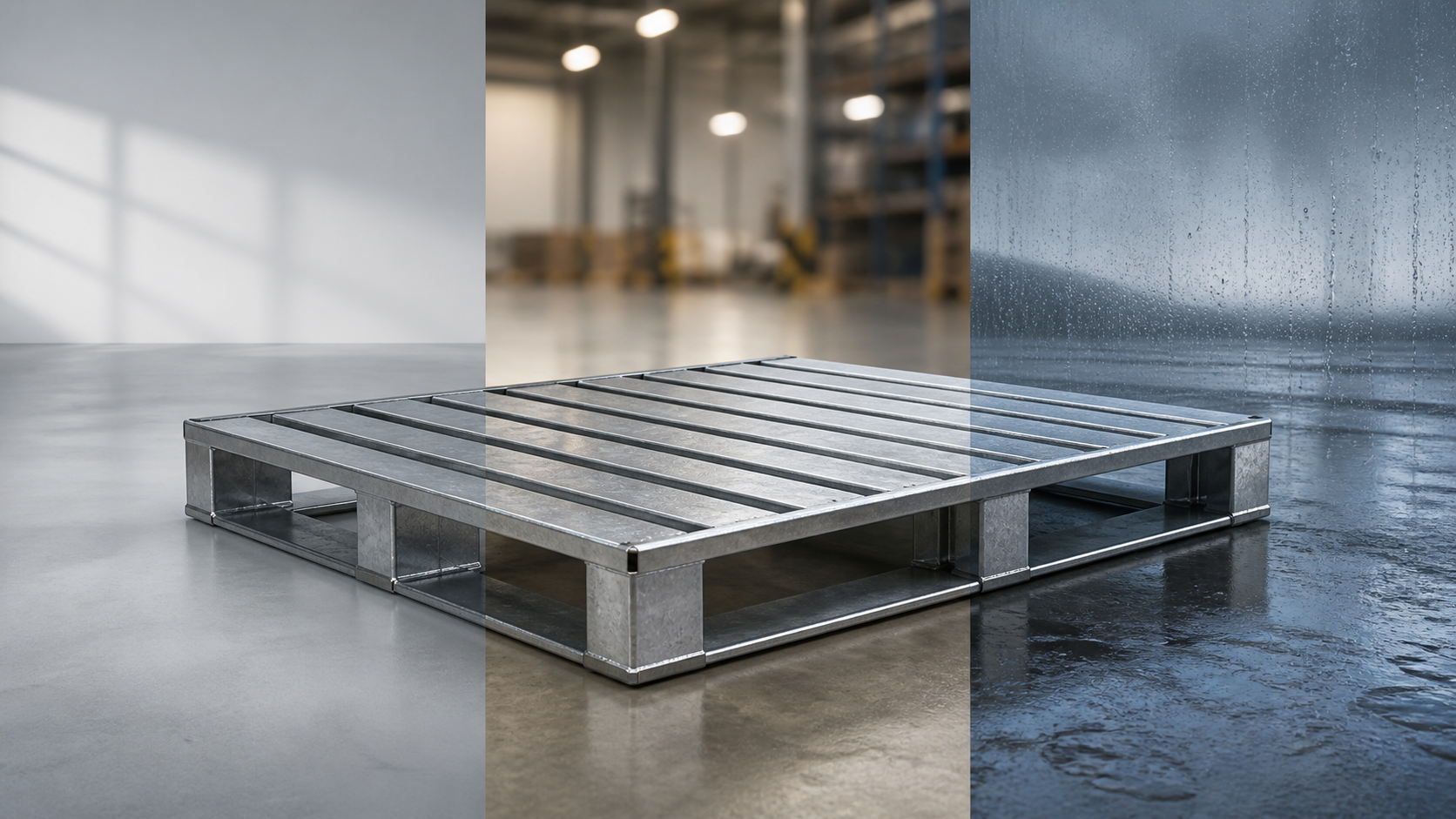 Concept illustration of a generic steel pallet reviewed against three site-environment contexts