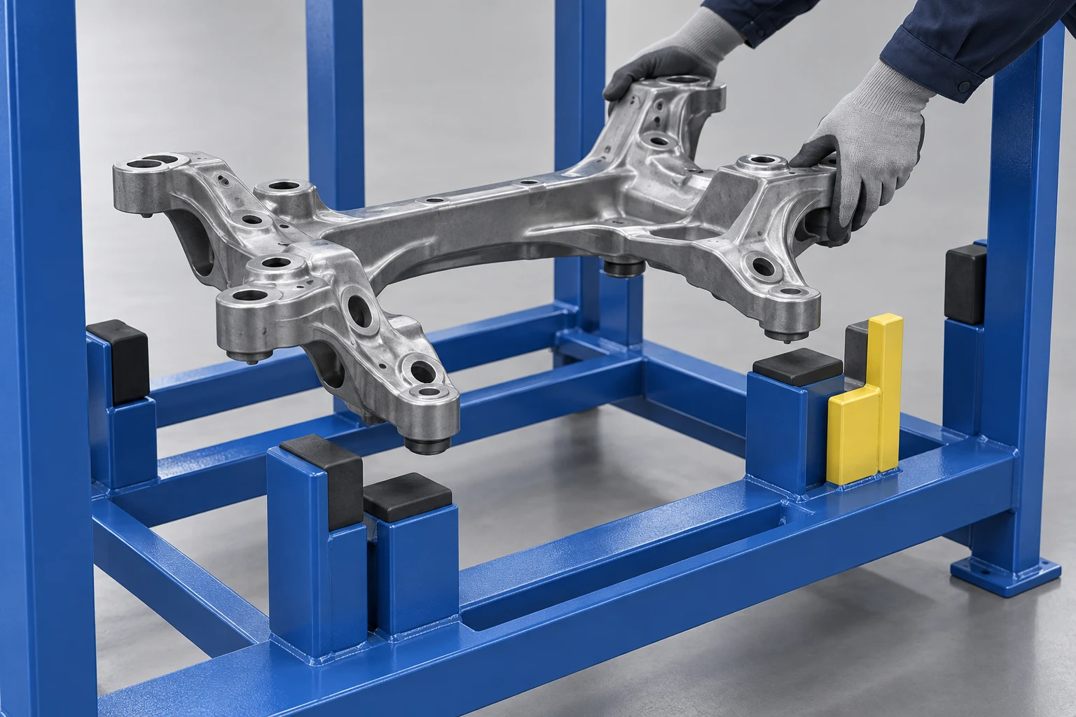 Concept illustration of an operator guiding an automotive component into a keyed rack loading path