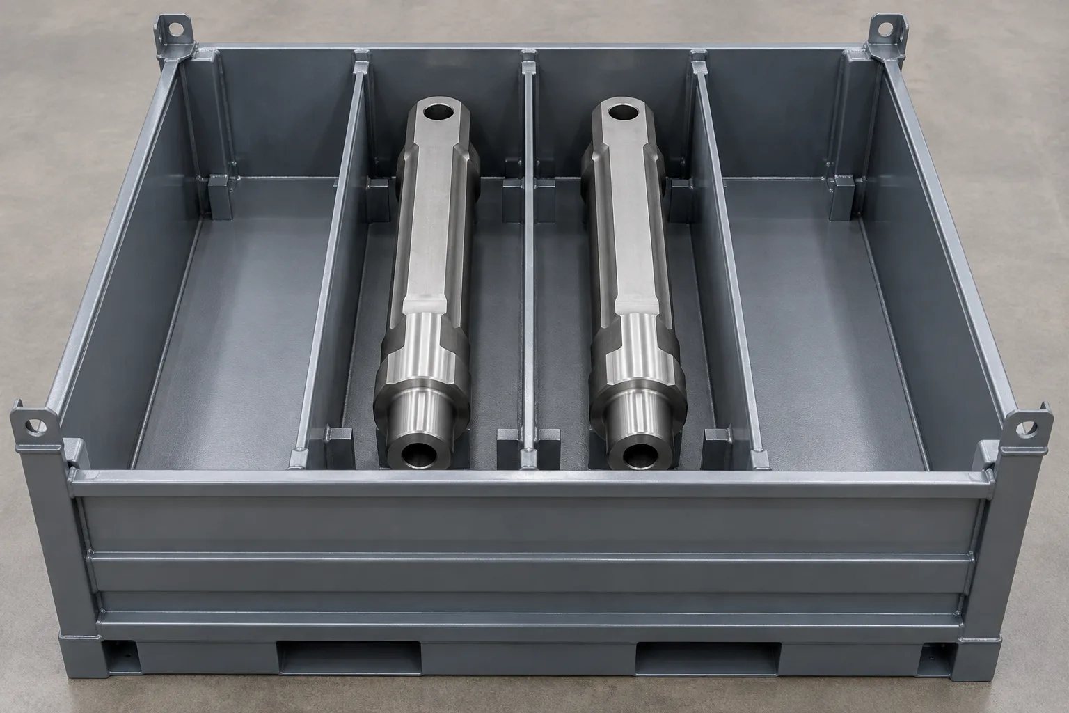 Concept top view of long metal parts in a steel container with fixed low divider compartments