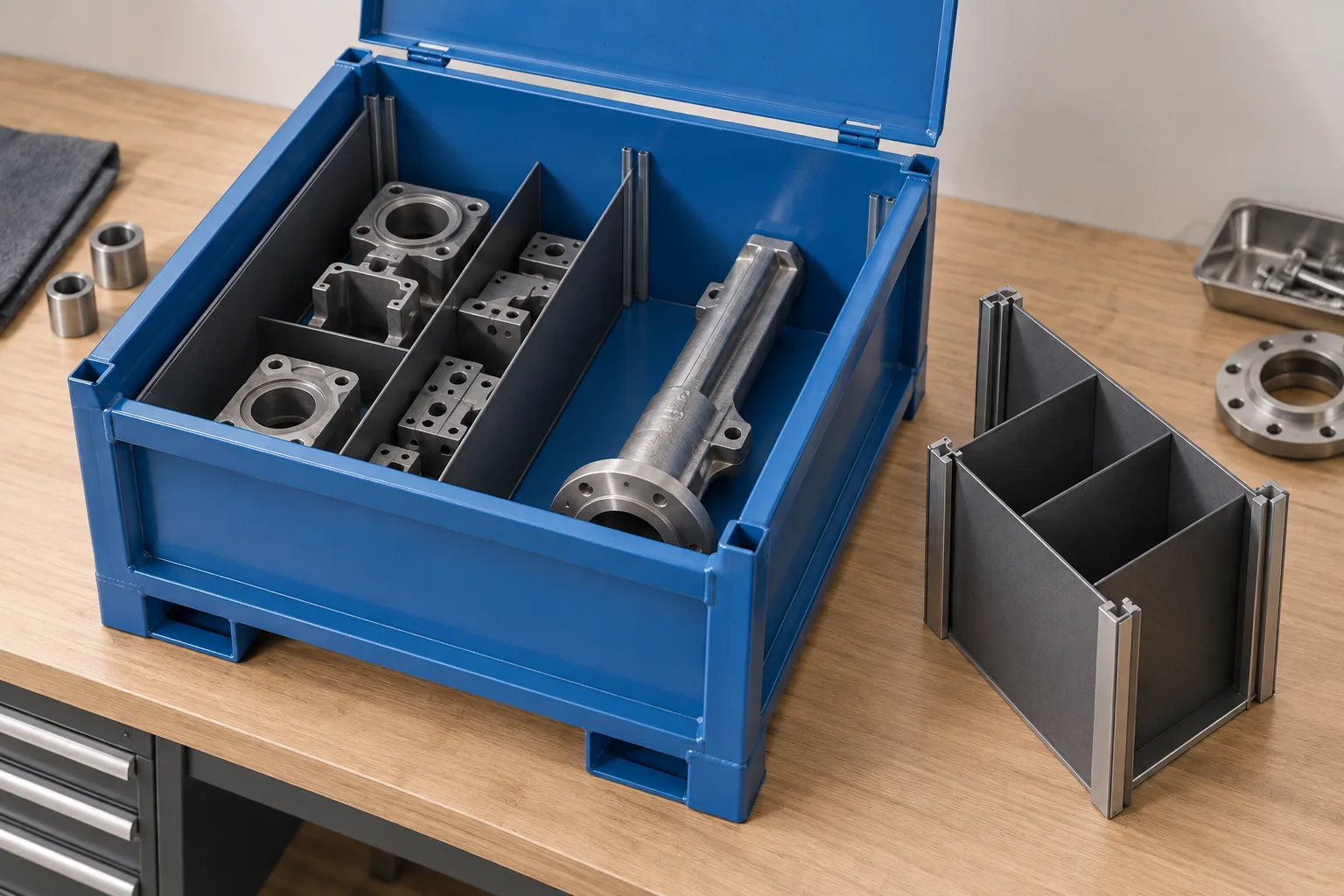 Concept steel parts container with a removable divider cassette set beside it during unloading