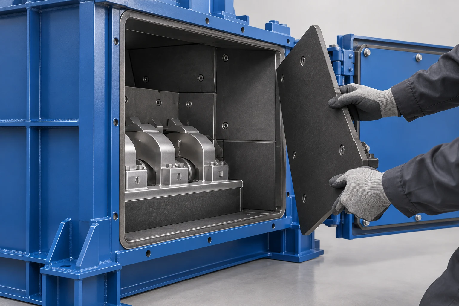 Concept illustration of a technician removing a liner panel from an open metal container side