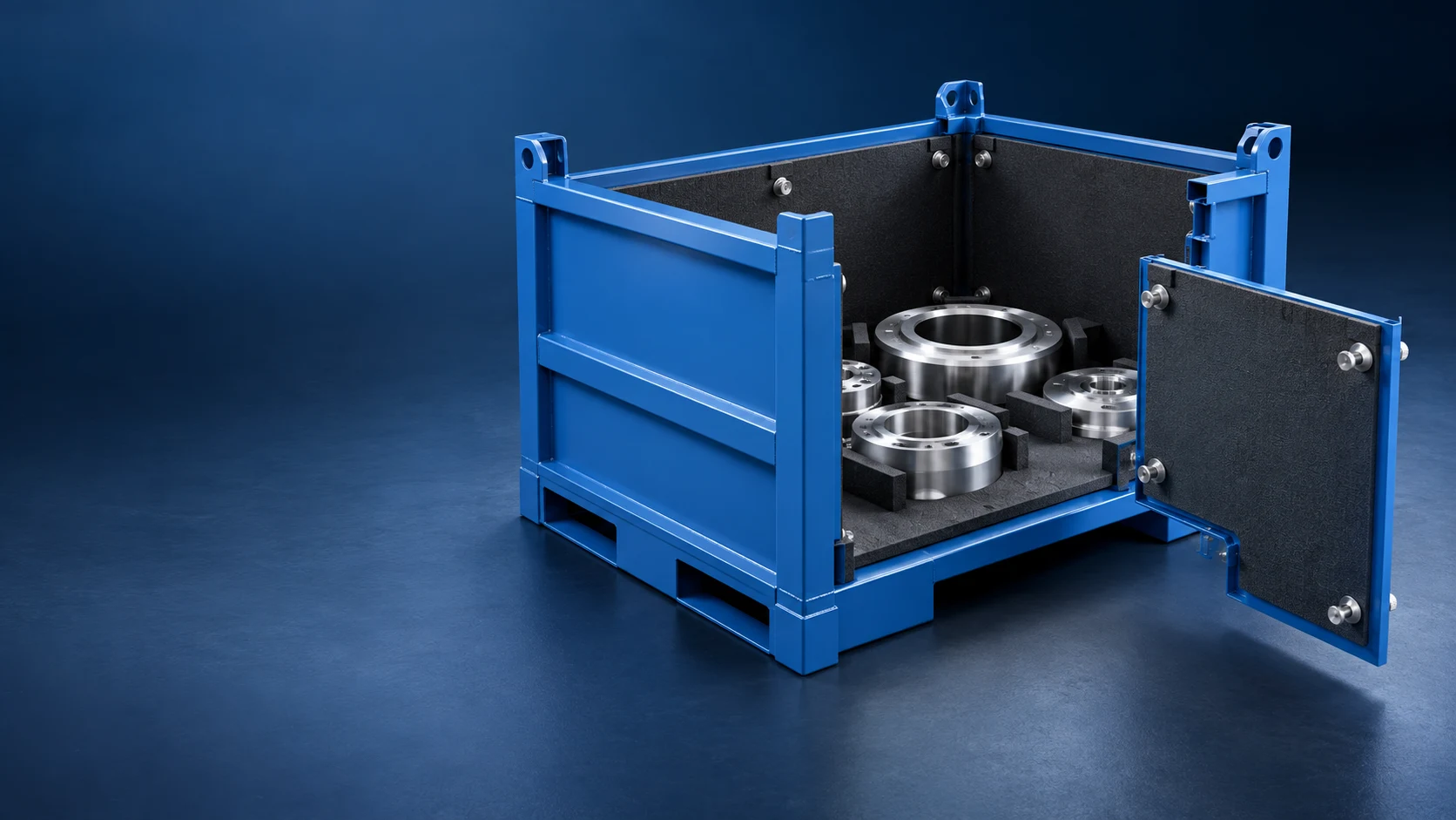 Concept illustration of a custom metal container with a removable protective liner and accessible service side