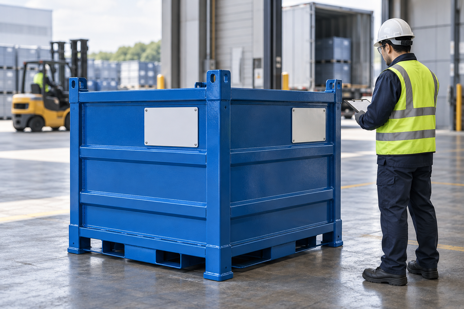 Concept illustration of a blue returnable container with visible blank label placards at a warehouse handoff point