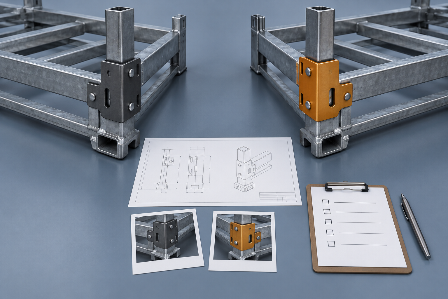 Concept comparison of an old and revised rack corner assembly