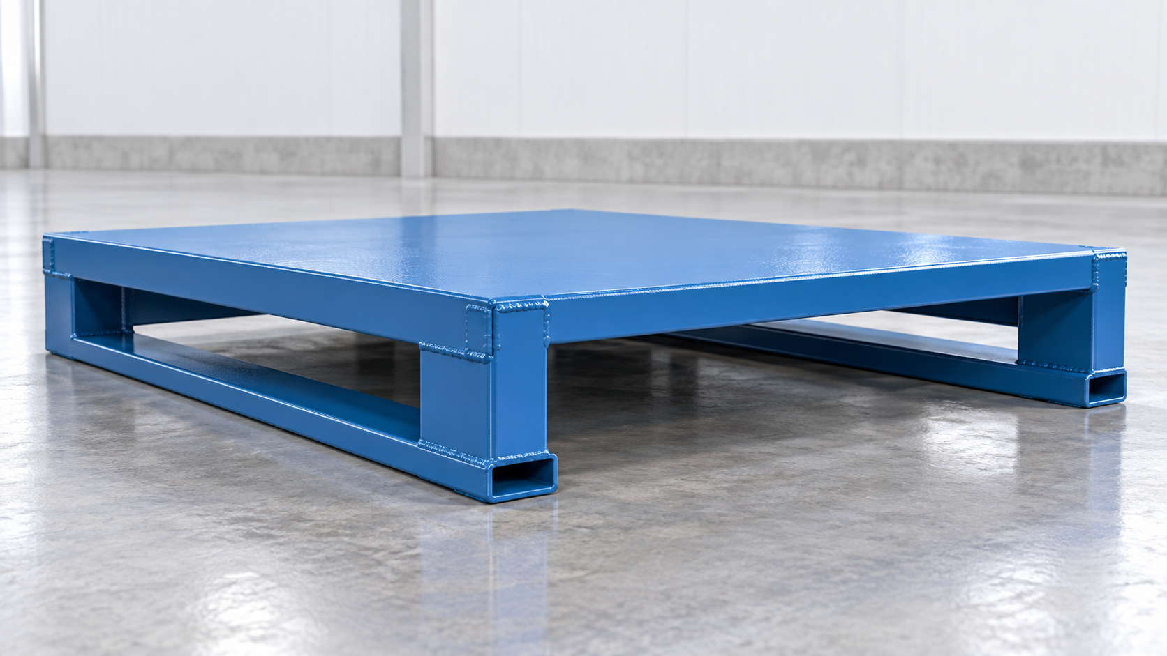 Concept illustration of an empty blue steel pallet with two longitudinal bottom runners