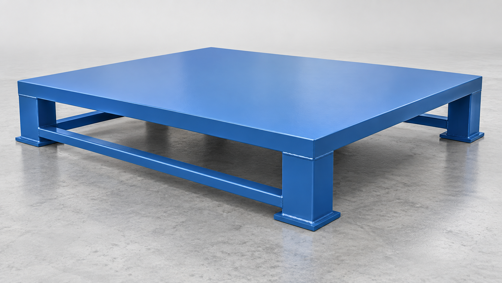 Concept illustration of an empty blue steel pallet with separate corner feet