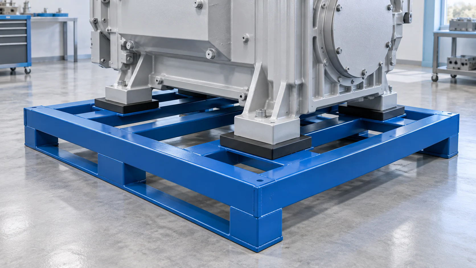 Concept illustration of a machine housing supported by defined pads on an open-profile blue steel pallet