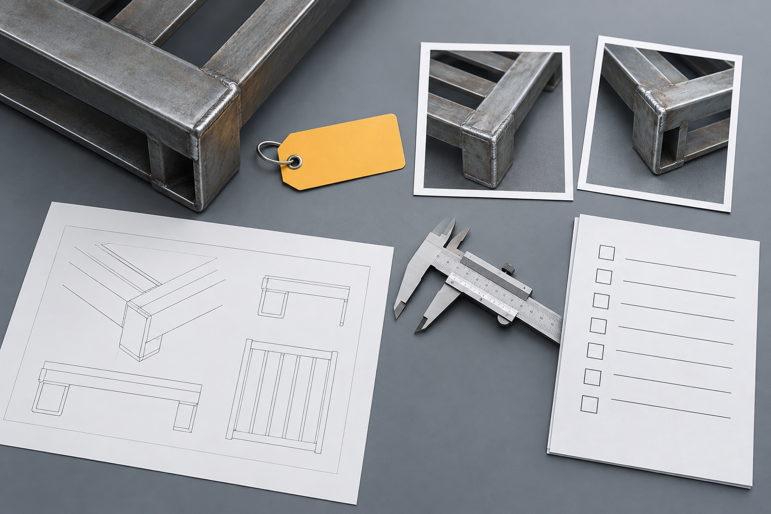 Concept of steel pallet damage photographs, drawing and measuring tools