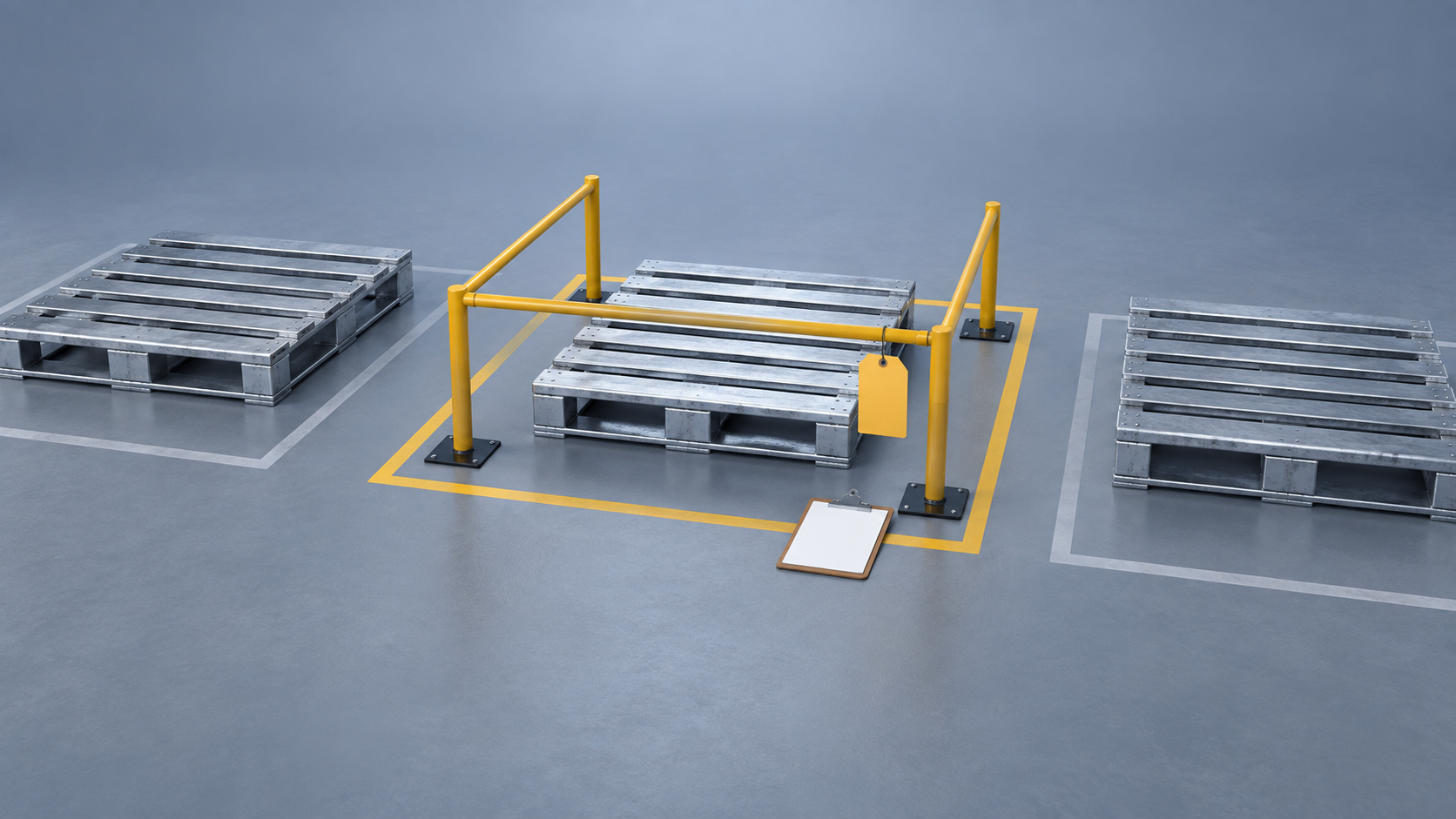 Concept of an unloaded steel pallet held away from normal use for inspection