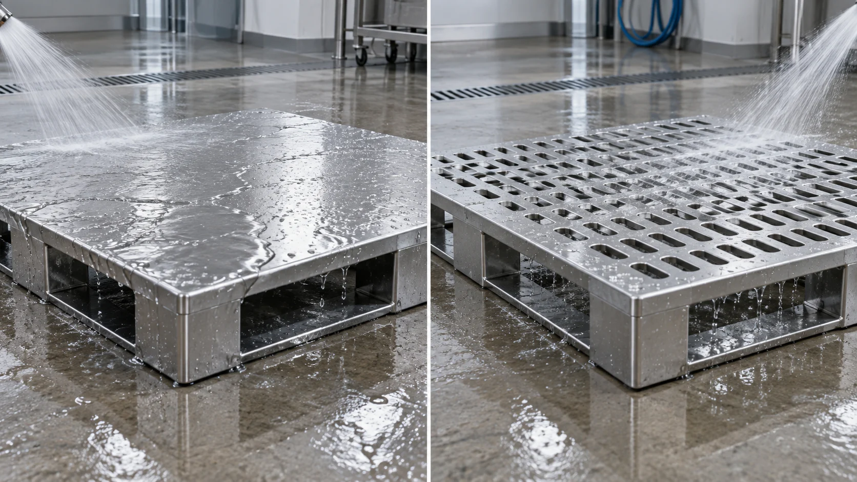 Concept illustration comparing water on solid and perforated steel pallet surfaces