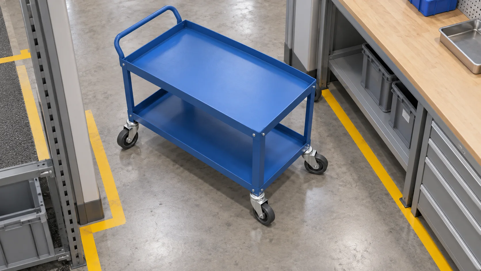 Concept illustration of a four-swivel-caster trolley positioned sideways at a work cell