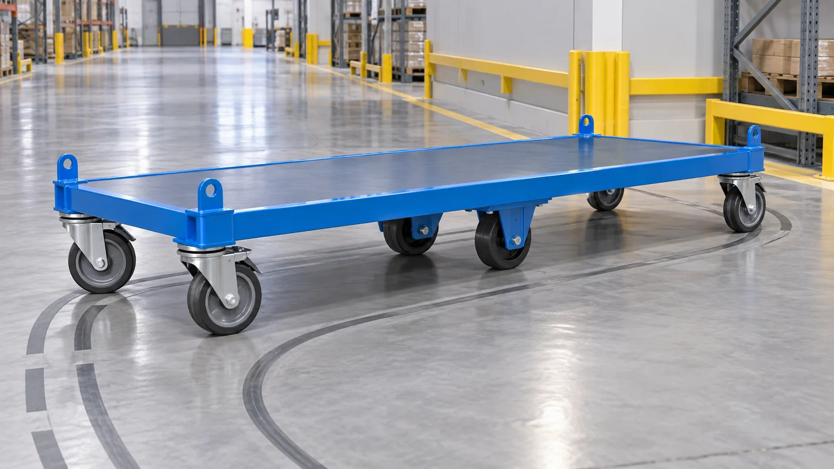 Concept illustration of a long six-wheel industrial trolley pivoting around central fixed wheels
