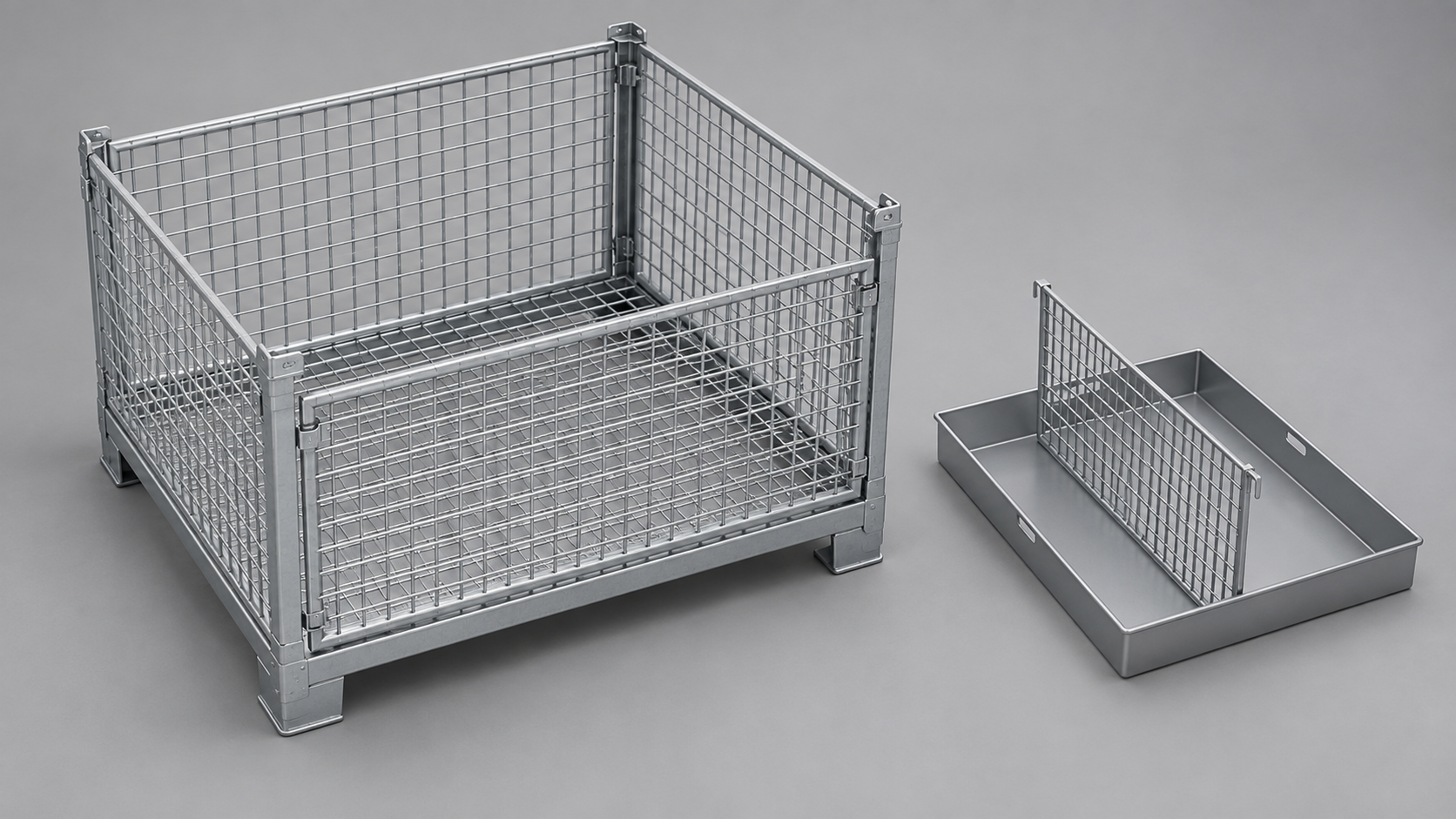 Concept of a folded wire mesh container with a tray for removable components