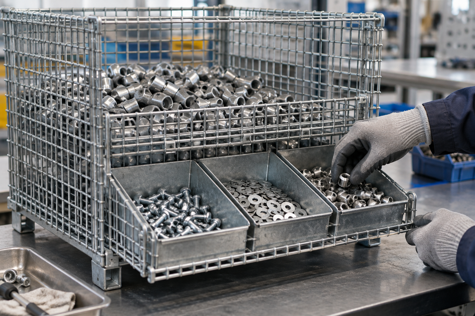 Concept illustration of shallow small-parts trays at the front of a deep industrial wire mesh container