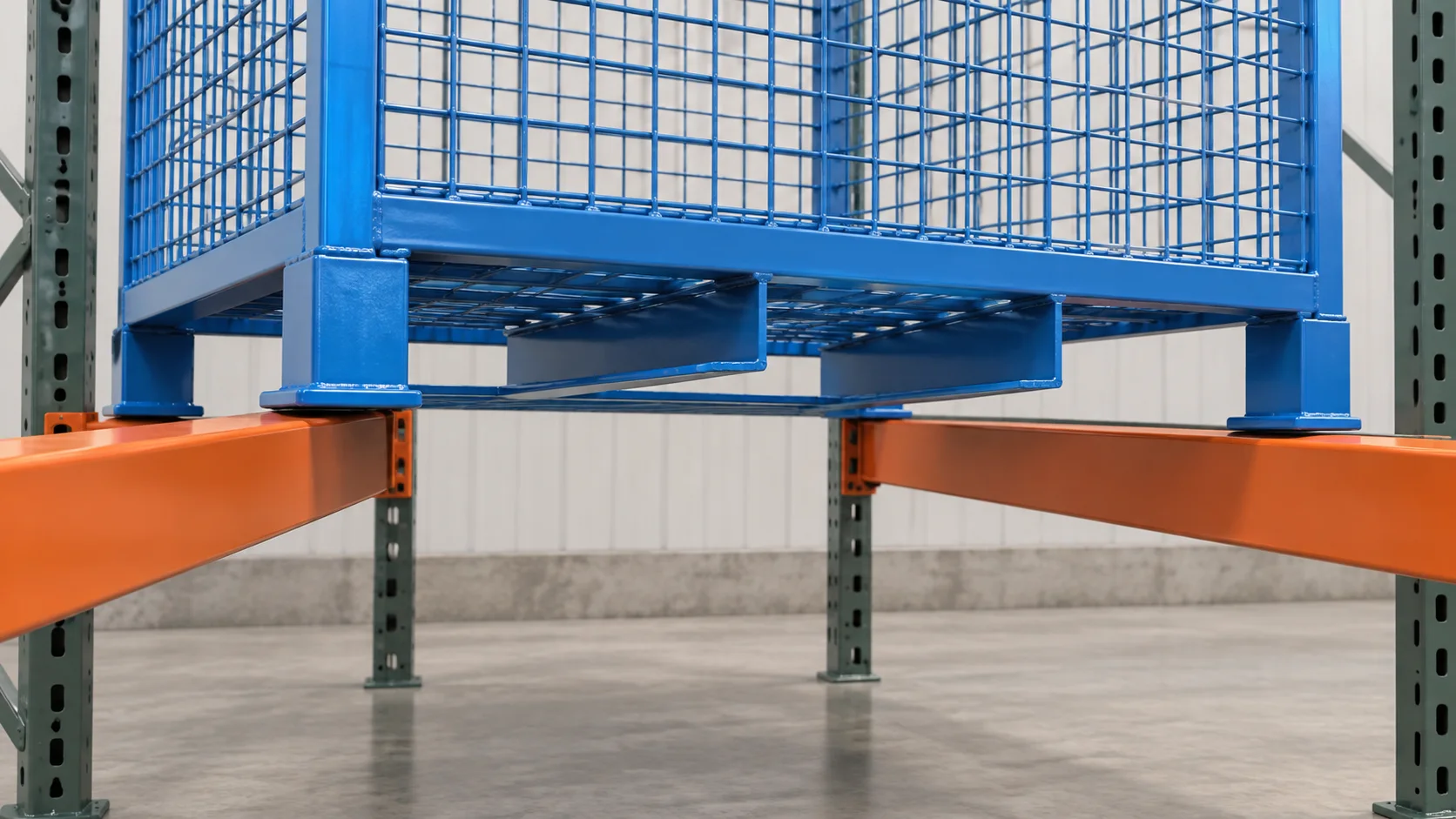 Concept illustration of a wire mesh container base landing on two pallet rack beams