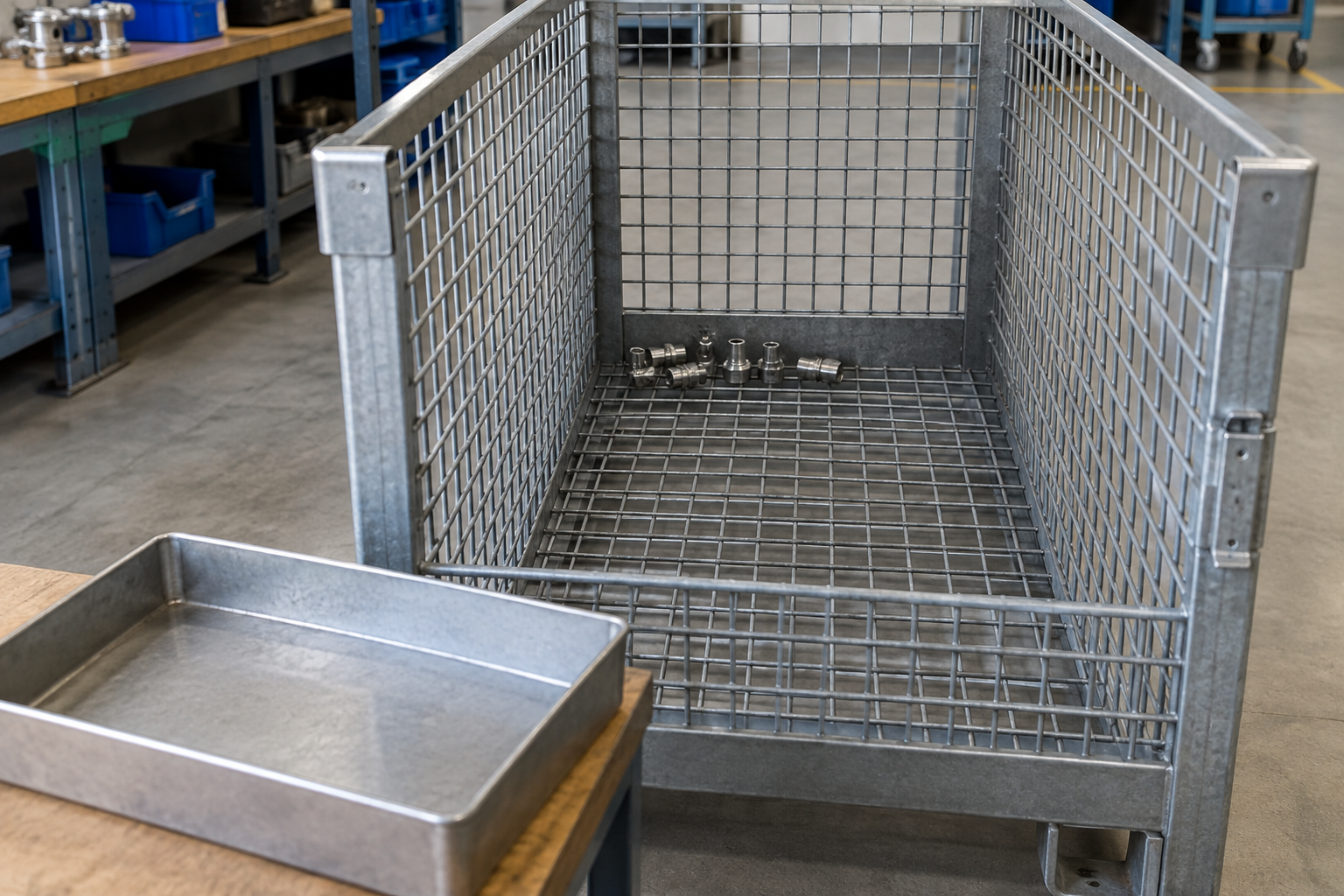 Concept illustration of the last few small fittings at the rear bottom of a deep wire mesh container