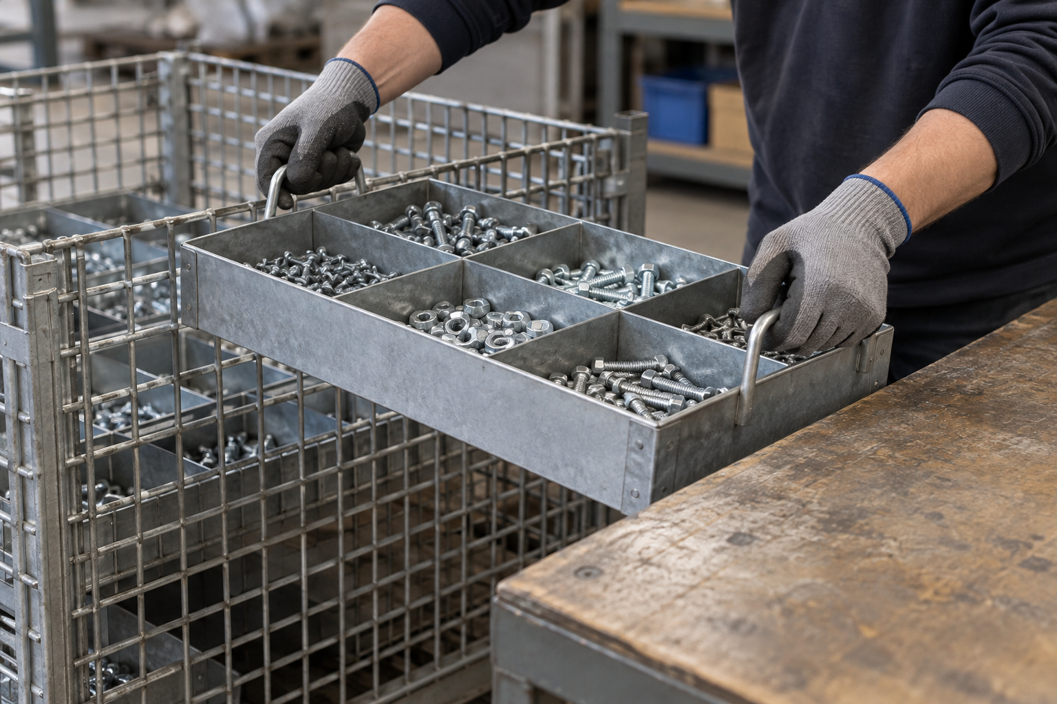 Concept illustration of a divided shallow tray lifted from a wire mesh container to a workbench