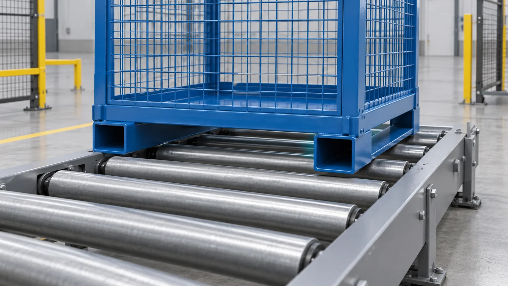 Concept illustration of continuous container skids crossing industrial conveyor rollers