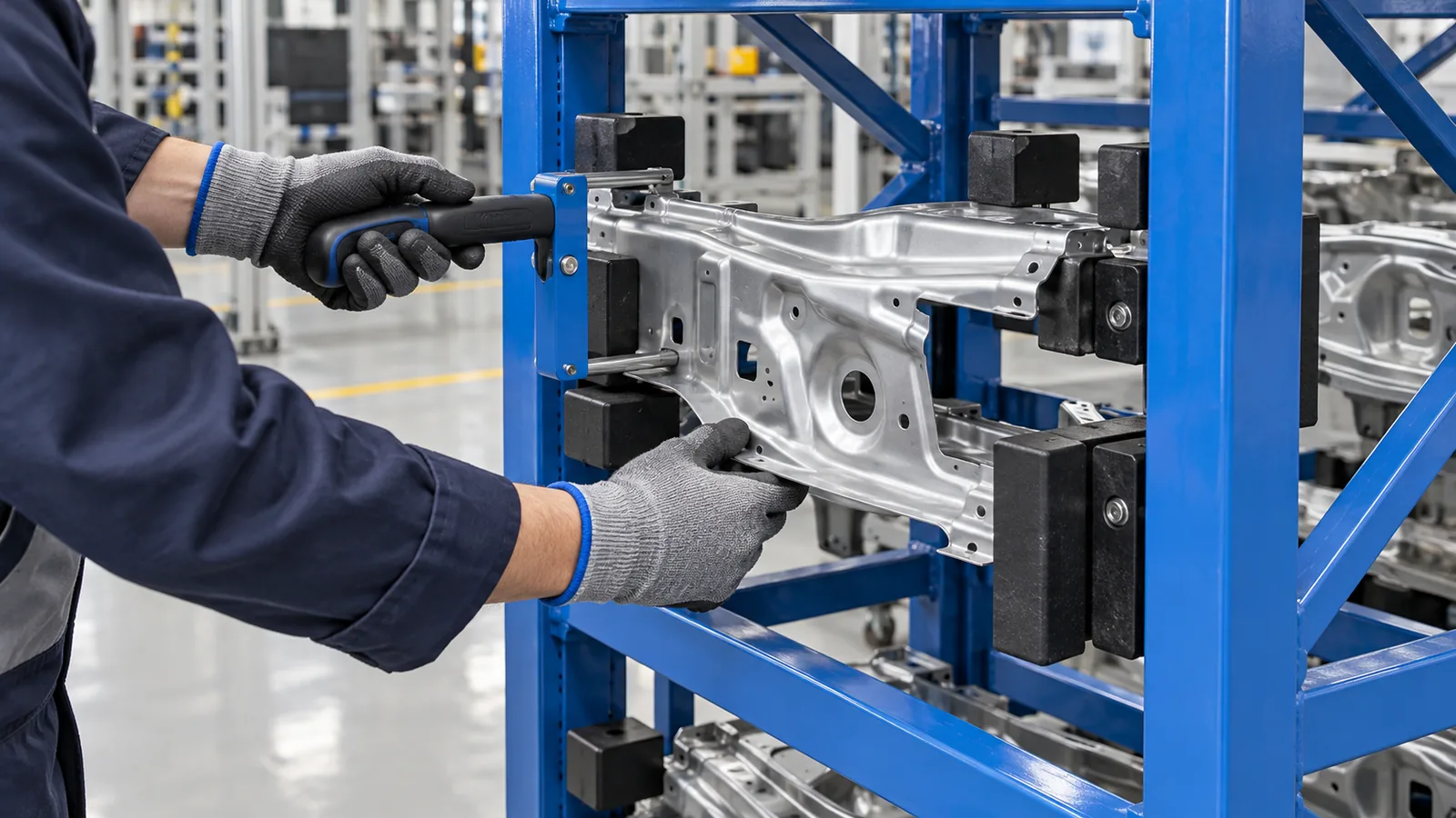 Concept close-up of hand and tool clearance around an automotive rack locator