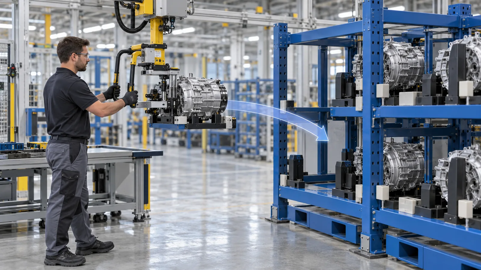 Concept illustration of a lift-assist manipulator approaching an open automotive rack bay
