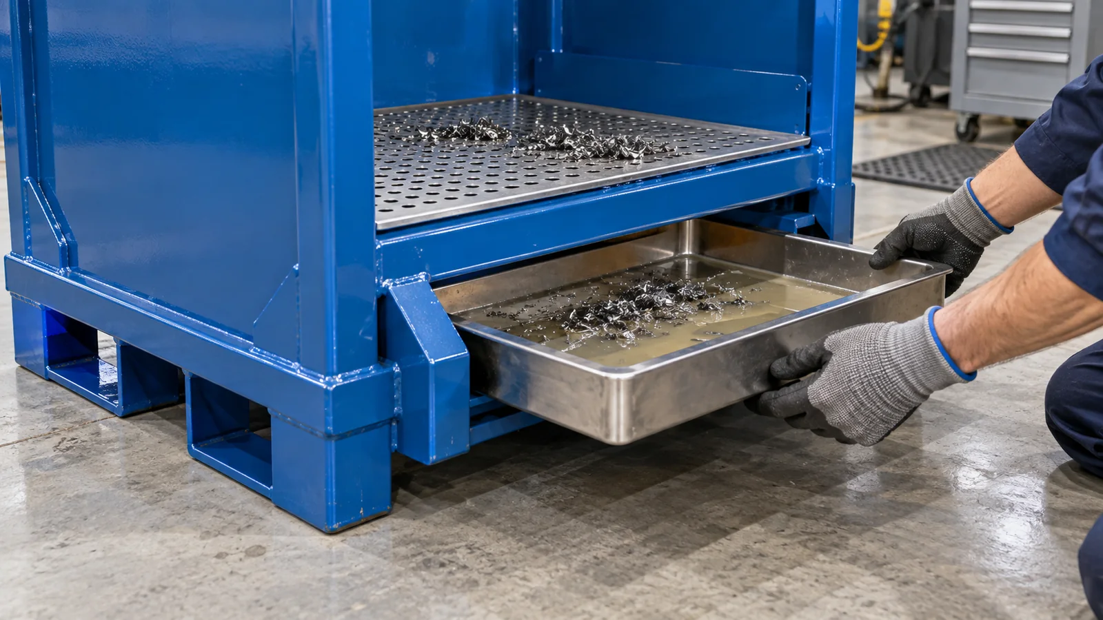 Concept illustration of a removable collection tray sliding from beneath the support deck of a custom metal container