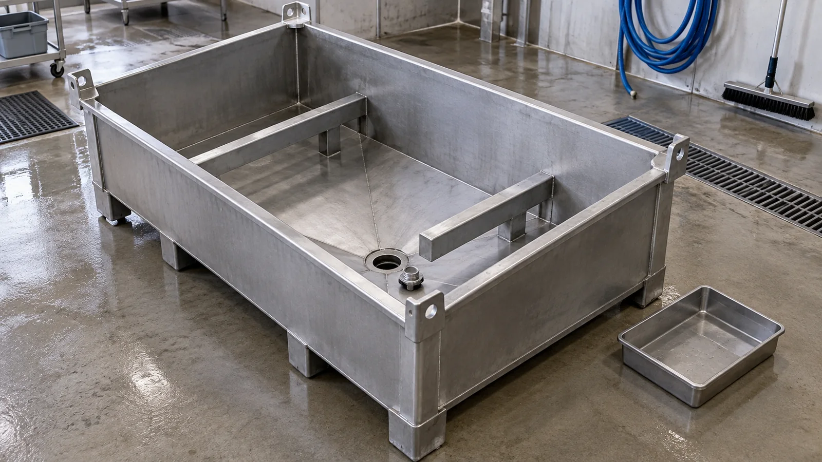 Concept illustration of a custom metal container in a wash and drain orientation with liquid directed around part supports