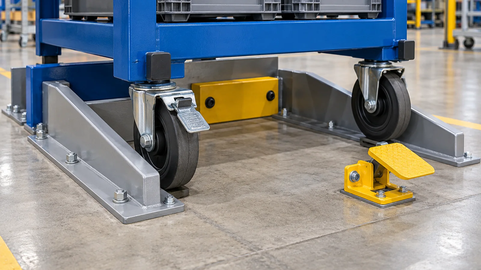 Concept close-up of material trolley entry guides, side datums and a structural rear stop