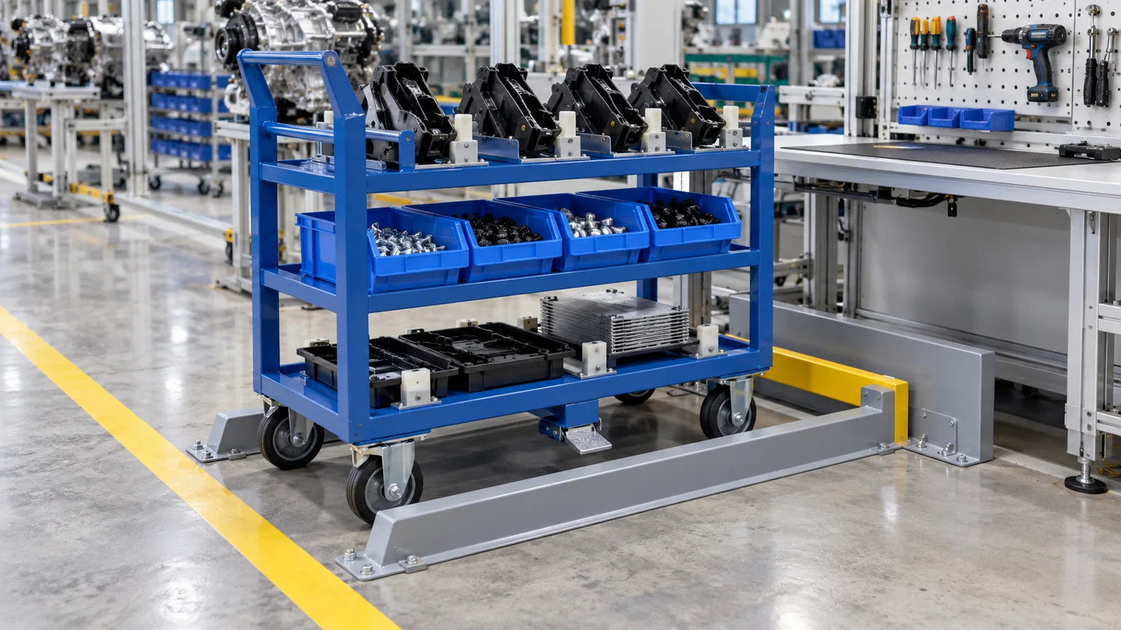 Concept illustration of a material handling trolley aligned in a guided line-side docking station