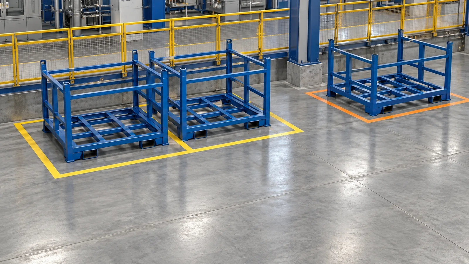 Concept illustration of empty returnable steel racks facing a pickup apron with a separate waiting bay