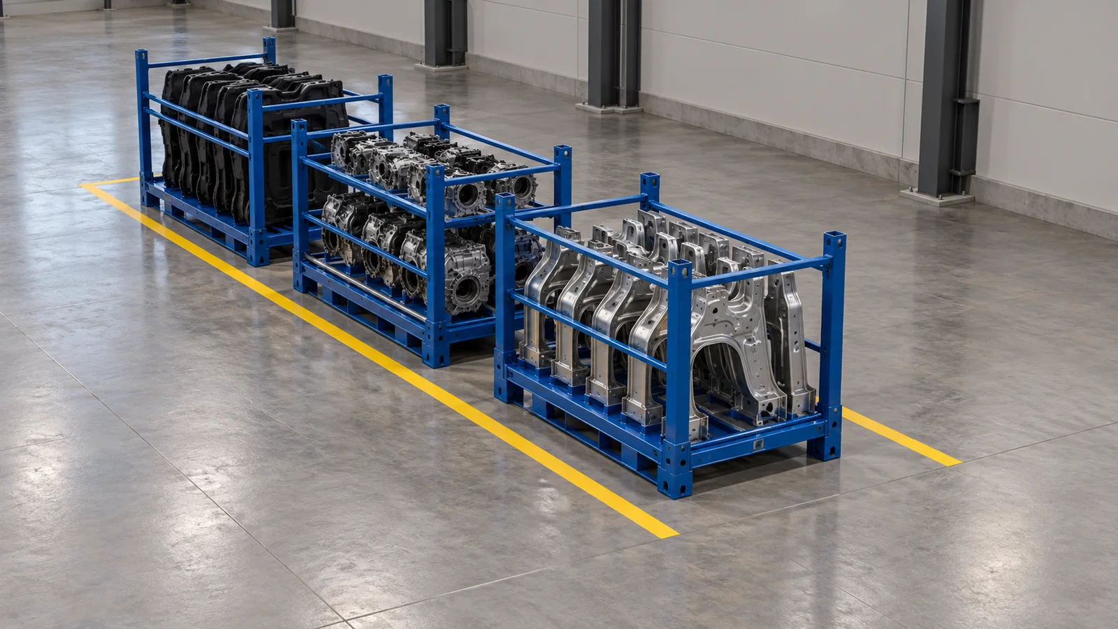 Concept illustration of three freestanding steel parts carriers in a short single-file staging lane