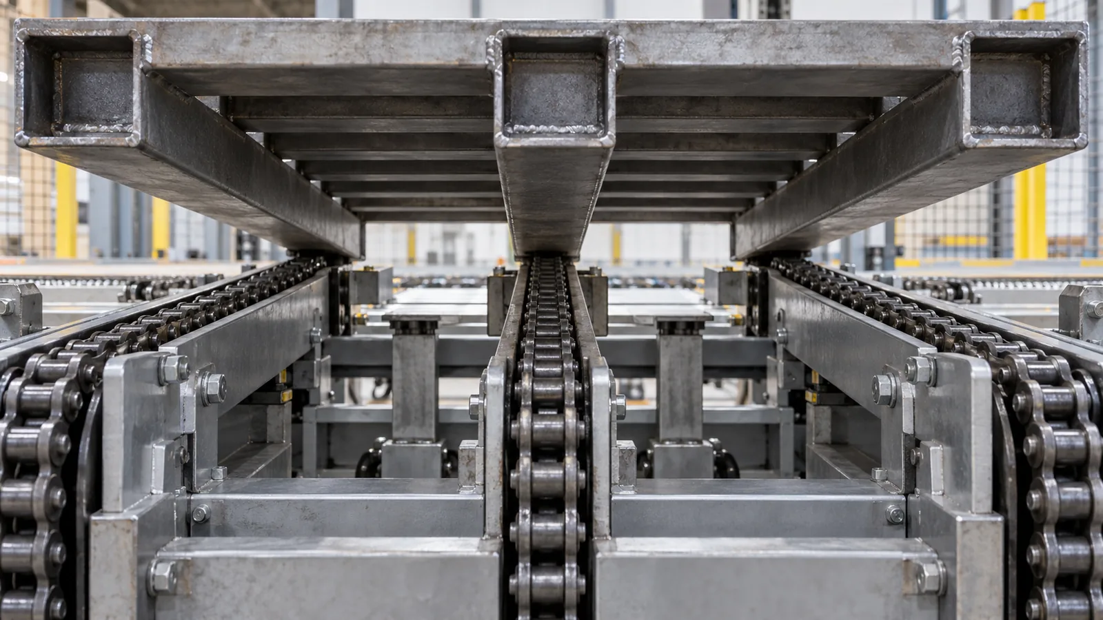Concept low-angle view of steel pallet runners aligned with three conveyor chain tracks