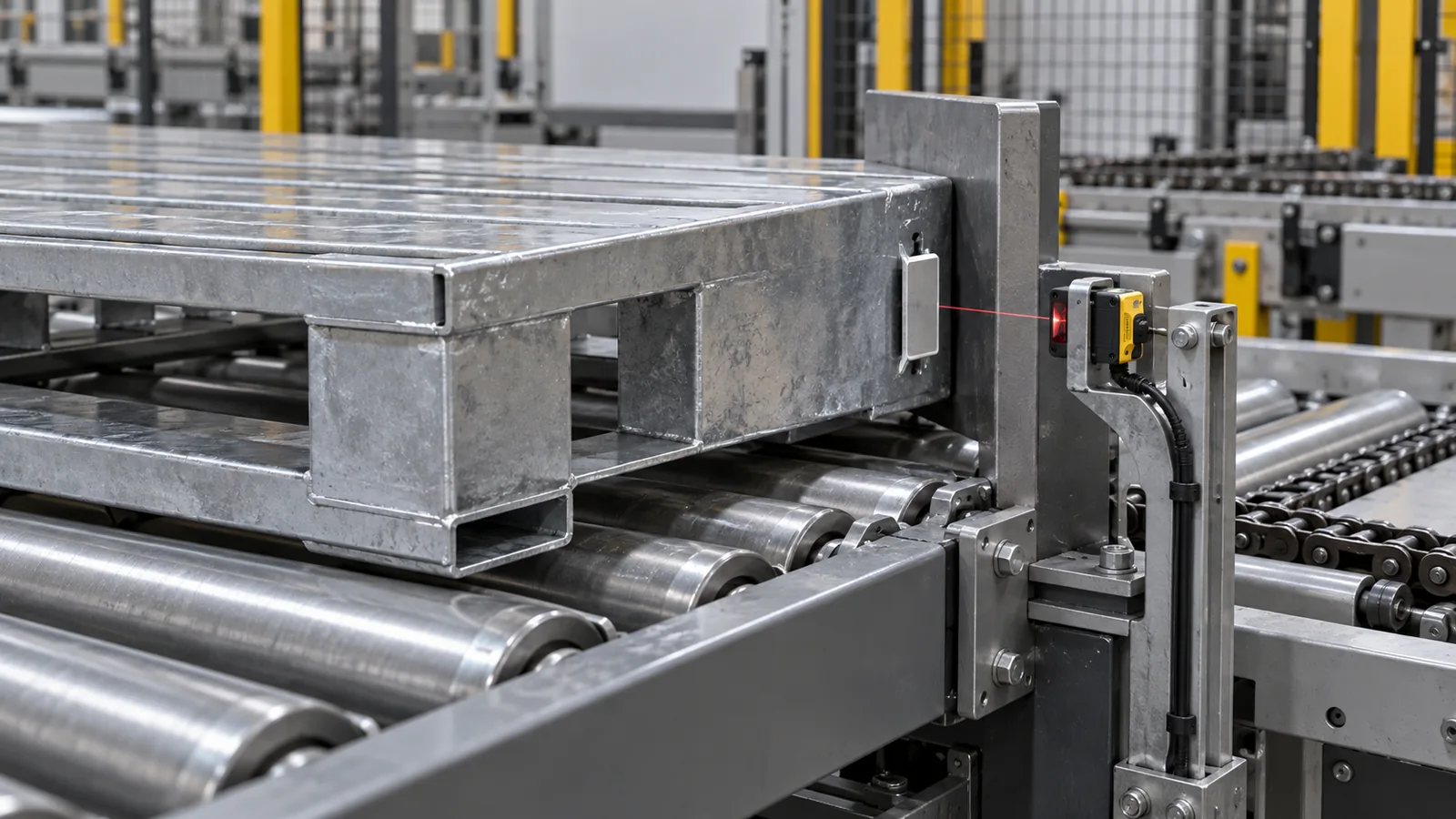 Concept illustration of a steel pallet stop face and photoelectric sensor target on a roller conveyor
