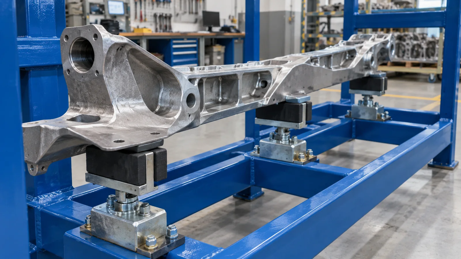 Concept close-up of spaced shaped cradles contacting approved zones on a long irregular part in a stillage