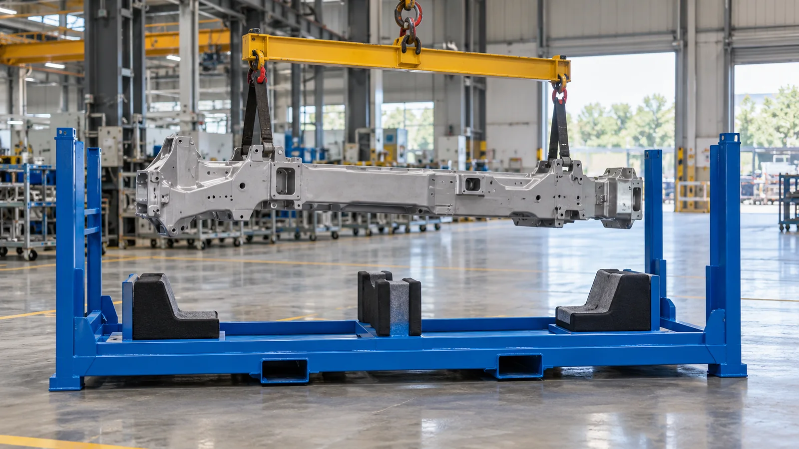 Concept illustration of a long irregular part being lowered from above into spaced stillage support cradles
