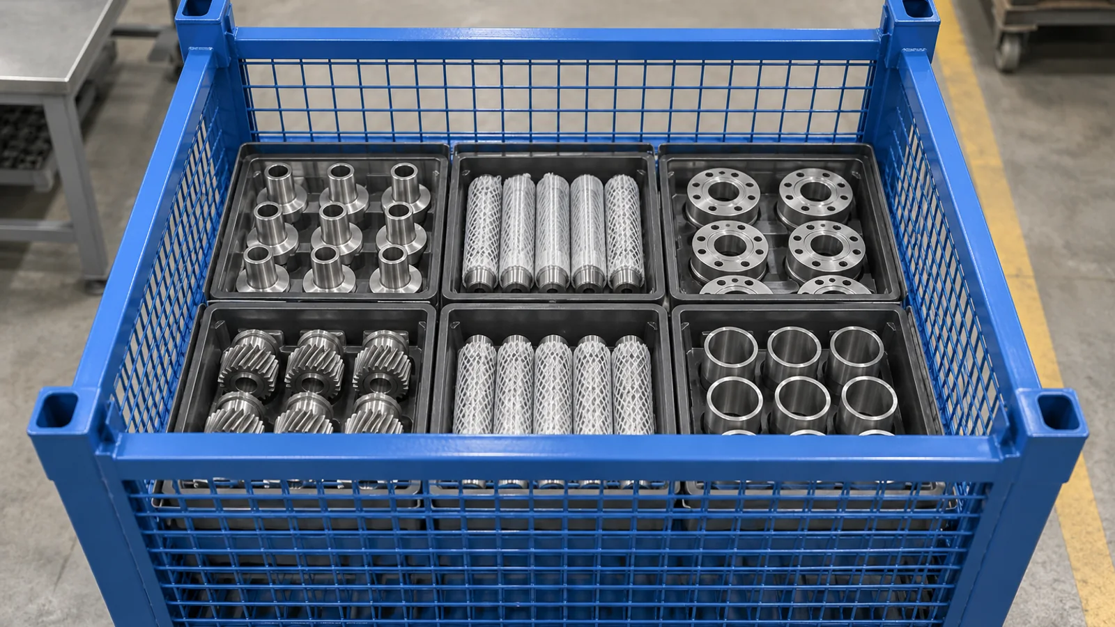 Concept illustration of trays controlling component fill height below a wire mesh container top frame