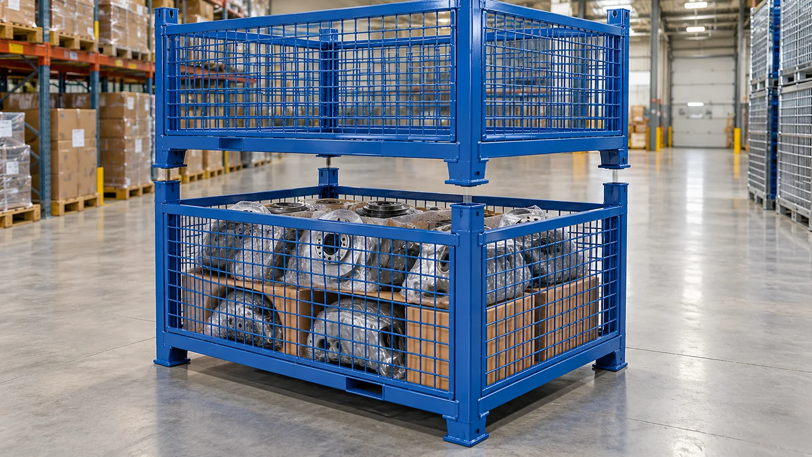 Concept illustration of two loaded wire mesh containers with the upper stacking interface kept clear