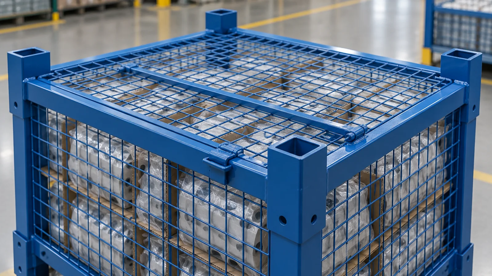 Concept view of a wire mesh container lid and internal restraint kept below the top stacking interface